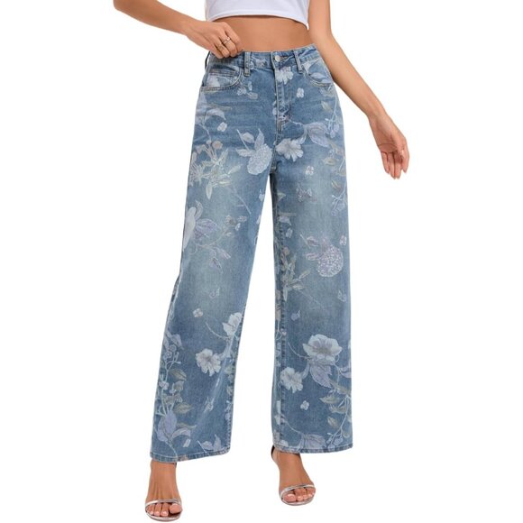 Denim - Women's Floral High Waisted Straight Leg Stretch Denim Jeans Summer Casual